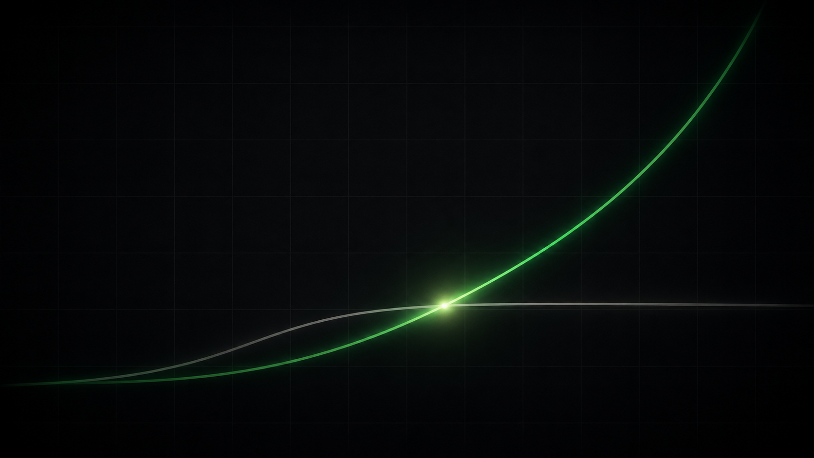 Two curves on a black field: a flat grey line representing salary income, and a green compounding curve that overtakes it at a glowing intersection — the crossover point where your assets begin to out-earn your effort.