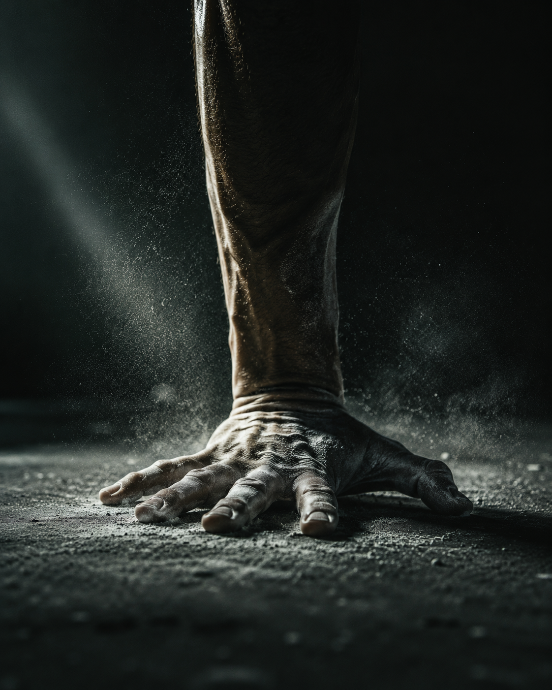 A single chalked hand pressing into rough concrete in a handstand, veins and calluses visible in hard side light — strength that was earned rather than bought.