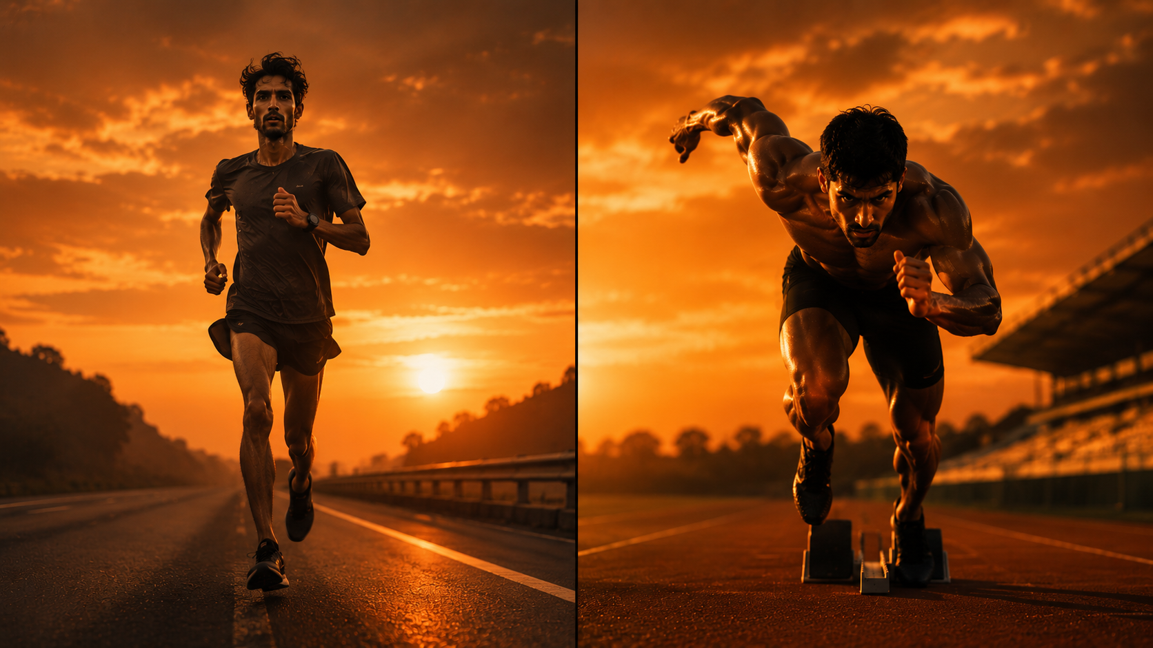 A marathon runner and a sprinter side by side — both extremely fit, but built by opposite kinds of training. Your routine has to match the physique you actually want.